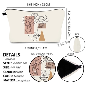 Close-up of waterproof polyester makeup bag with abstract portrait print and zipper detail
