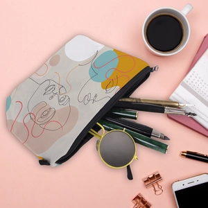 Waterproof travel toiletry bag with abstract face art and digital print for cosmetics