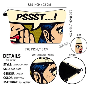 Waterproof polyester makeup bag with pop art print and precise size dimensions