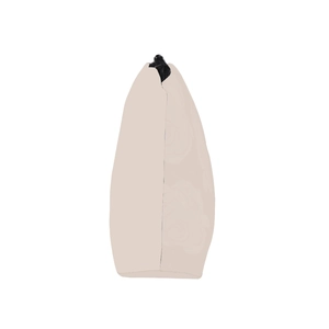 Side view of waterproof travel makeup bag with black zipper and triangular profile