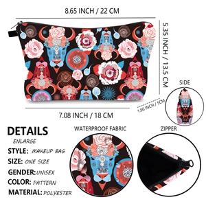 Detailed size guide for digital floral print waterproof polyester cosmetic bag with zipper