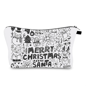 Detail of waterproof Christmas toiletry bag with festive Santa and reindeer illustrations