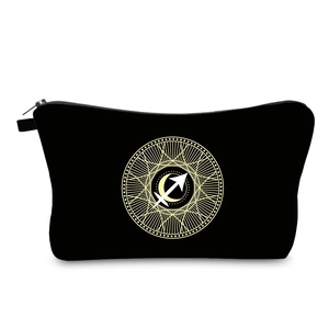Waterproof black cosmetic bag with gold Sagittarius zodiac print and top handle strap