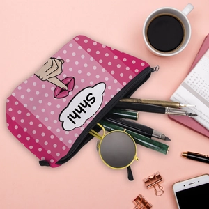 Waterproof pink polka dot travel makeup bag with Shhh! creative digital print design