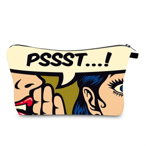 Detail view of water-resistant pop art makeup bag with PSSST print and black zipper