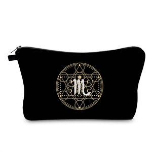 Detailed close-up of Scorpio constellation print on water-resistant black makeup bag
