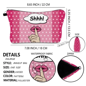 Waterproof polyester makeup bag detail with pink polka dots and 22x13.5cm size chart