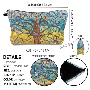Detail view of waterproof tree print makeup bag with dimensions and zipper macro