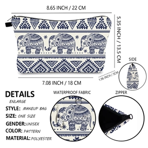 Detailed size specifications and waterproof polyester fabric of elephant print makeup bag