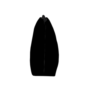 Side view of black water-resistant cosmetic bag with trapezoidal shape and zipper closure