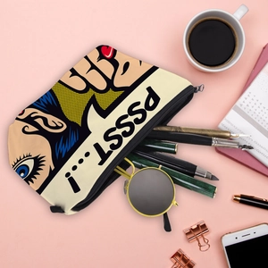 Waterproof PSSST print makeup bag showing portable storage capacity and pop art design