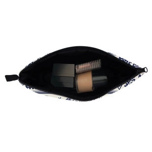 Waterproof travel toiletry bag with blue geometric elephant print and cosmetics storage