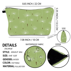 Detail showing dandelion print, polyester waterproof fabric and dimensions of the makeup bag