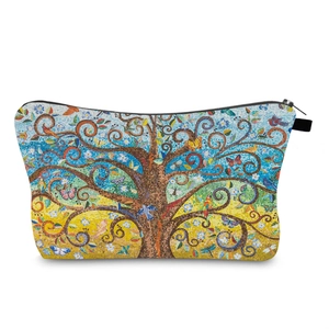 Detail of waterproof cosmetic bag with colorful mosaic tree of life and butterfly print