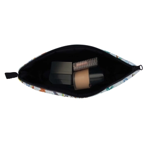 Water-resistant travel makeup bag with colorful butterfly and floral print inside storage