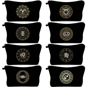 Waterproof Black Polyester Cosmetic Bag Portable Travel Wash Toiletry Organizer Handbag With Zodiac Constellation Print For Women