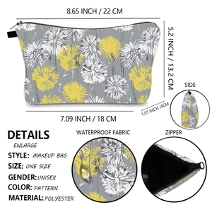 Detailed views of dandelion print makeup bag showing waterproof fabric and metal zipper