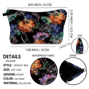 Detail of waterproof polyester makeup bag featuring colorful dandelion prints and sizing info