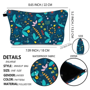 Detail of waterproof polyester makeup bag featuring colorful floral and dragonfly patterns