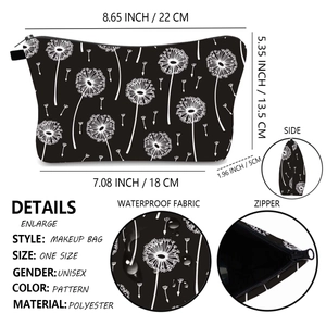 Detailed view of polyester toiletry bag showing dandelion prints and precise dimensions