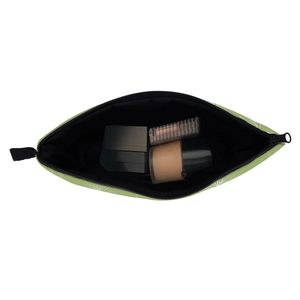 Waterproof dandelion print makeup bag in light green with spacious black interior