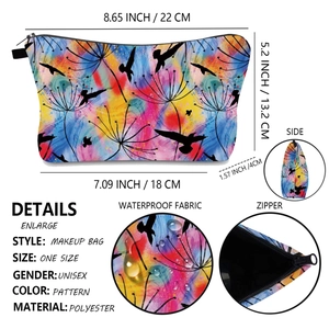 Detailed dimension guide and material close-up of a dandelion print waterproof travel bag