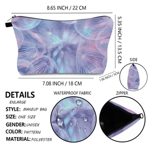 Detailed view of waterproof polyester fabric with dandelion print and size specifications
