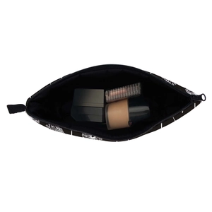 Waterproof black cosmetic bag with white dandelion print and interior makeup storage space