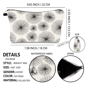 Detailed view of dandelion print makeup bag showing waterproof fabric and zipper features