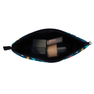Waterproof travel makeup bag with abstract orange sun print showing spacious interior