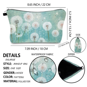 Detailed view of waterproof polyester makeup bag with dandelion print and size dimensions