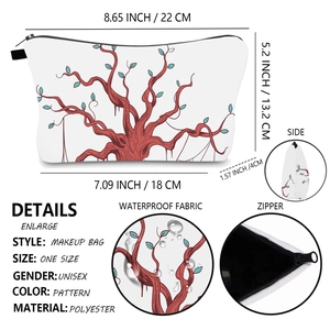 Waterproof toiletry bag with tree print showing details of zipper and material