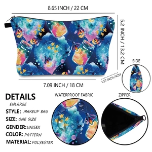 Waterproof polyester makeup bag with nebula print showing dimensions and zipper details