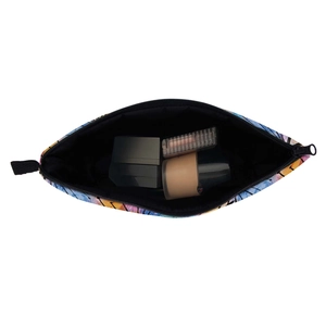 Waterproof toiletry bag with colorful geometric print and spacious interior storage