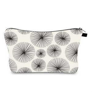 Detail of waterproof toiletry bag with black dandelion prints and black zipper closure