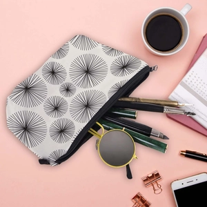 Waterproof dandelion print travel cosmetic bag for women with black geometric pattern