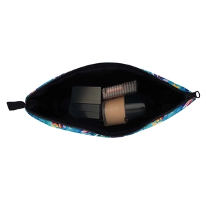 Waterproof floral makeup bag with blue abstract print and secure black zipper closure
