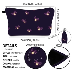 Detailed size specifications of the waterproof purple firefly pattern cosmetic bag