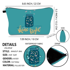 Detailed size map of waterproof polyester toiletry bag with firefly jar print