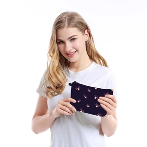 Waterproof portable travel toiletry bag with purple cartoon firefly print pattern