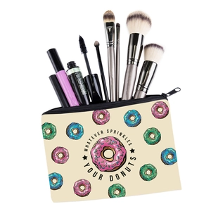 Beige donut print square makeup bag with zipper and colorful sprinkles pattern