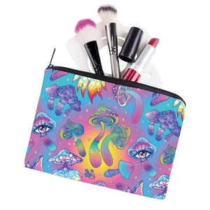 Colorful mushroom print makeup bag with zipper and aurora gradient for travel storage