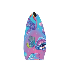 Portable makeup bag with colorful mushroom and eye prints on gradient blue fabric