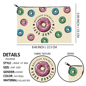Square donut print makeup bag made of polyester with portable zipper for travel storage