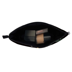 Portable black makeup bag with green leaf print and cosmetic storage capacity