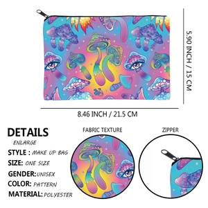 Portable square makeup bag with colorful mushroom print and 21.5x15cm size specifications