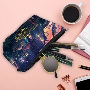 Portable makeup bag with colorful mushroom and cat digital print for travel storage