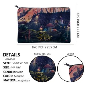 Colorful mushroom print square makeup bag with zipper closure and dimensions display