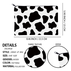 Black and white cow print square makeup bag with dimensions 8.46 x 5.90 inches
