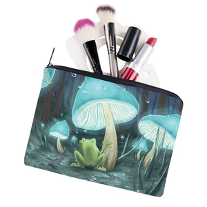 Square mushroom print makeup bag with frog forest design and zipper for travel